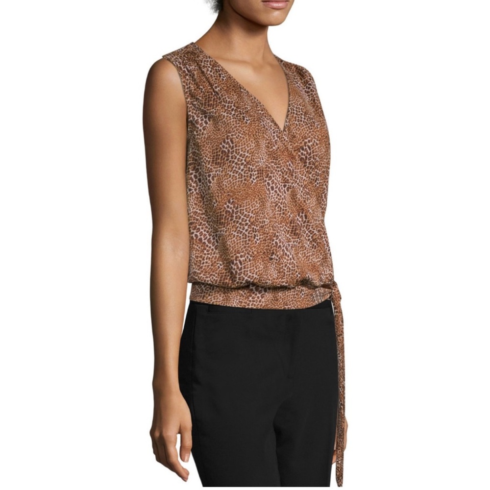 Worthington animal print V neck sleeveless faux wrap knit blouse size Large